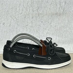 Sperry Womens Blk Leather TopSider Angelfish Boat Deck SlipOn Shoes SZ 7.5